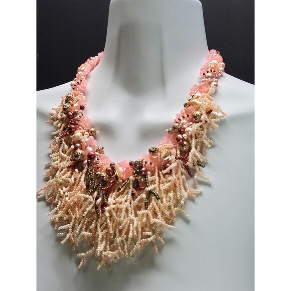Crafted Gemstone Coral inspired Beaded Waterfall Pink Cream Necklace Earring Set - Picture 4 of 13